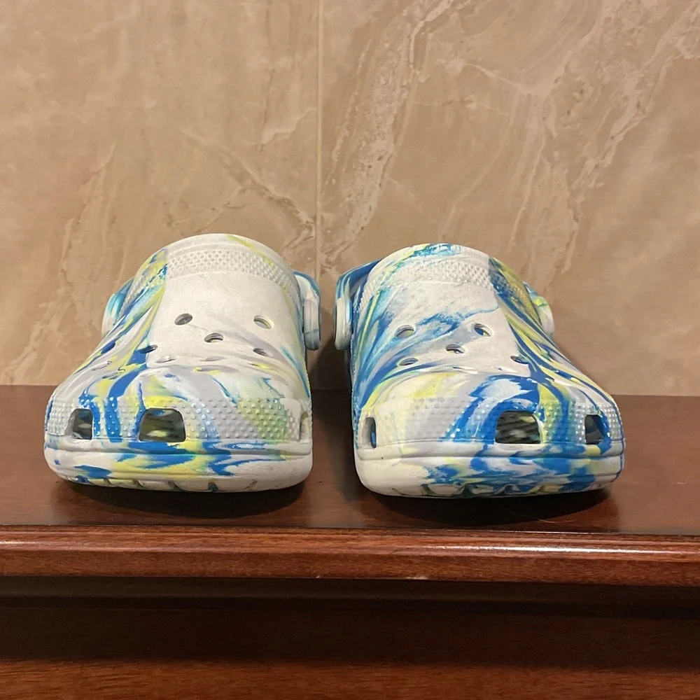CROCS Blue and Yellow Patterned Clogs